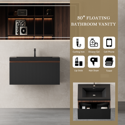 30" Liner - Floating Bathroom Vanity, Smoked Walnut & lnk Black V16-30WAB