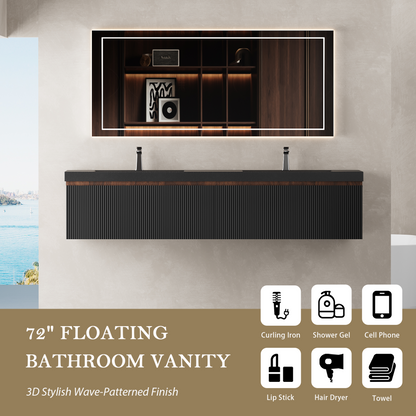 72" Liner - Floating Bathroom Vanity Integrated Double Basin, Smoked Walnut & lnk Black V16-72WAB