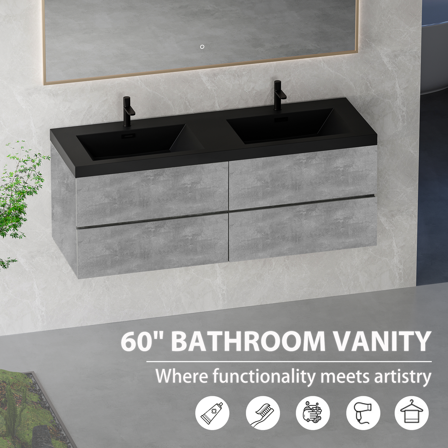 60" Edi - Modern Wall-mounted Bathroom Vanity V12-60GR