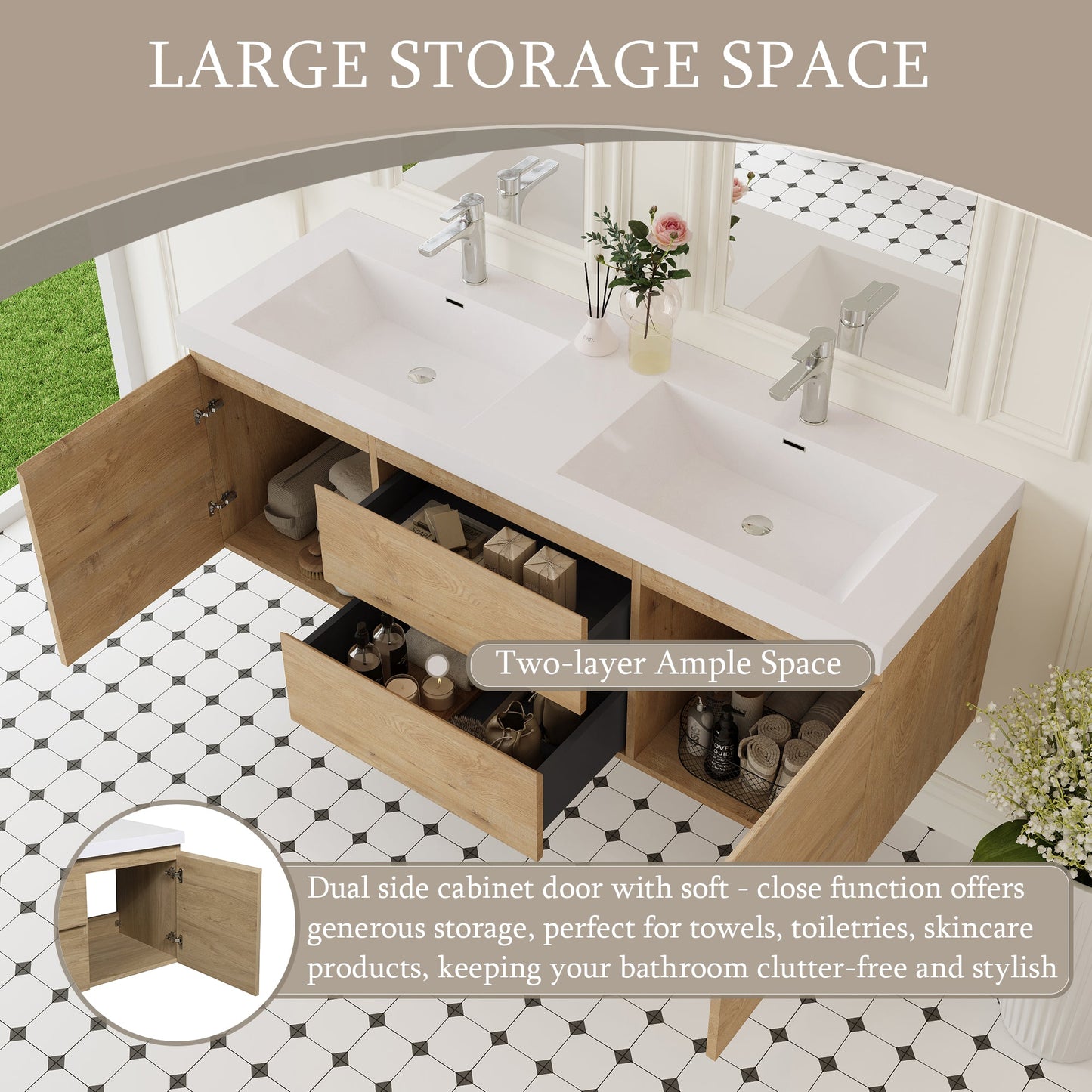60" Angela - Floating Bathroom Vanity Double Sink Natural Oak V11-60DNO