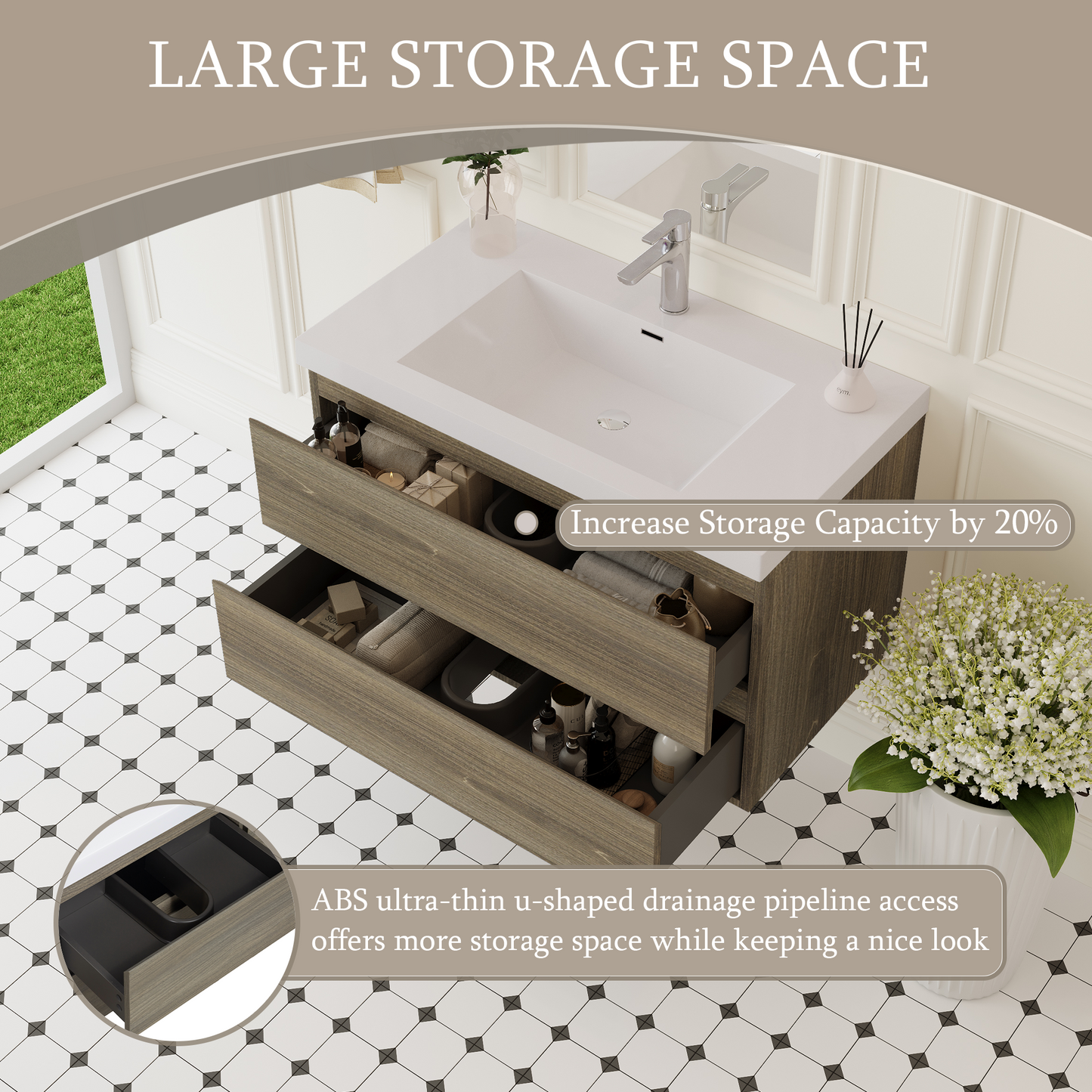 36" Angela - Floating Bathroom Vanity Ash Grey V11-36AG
