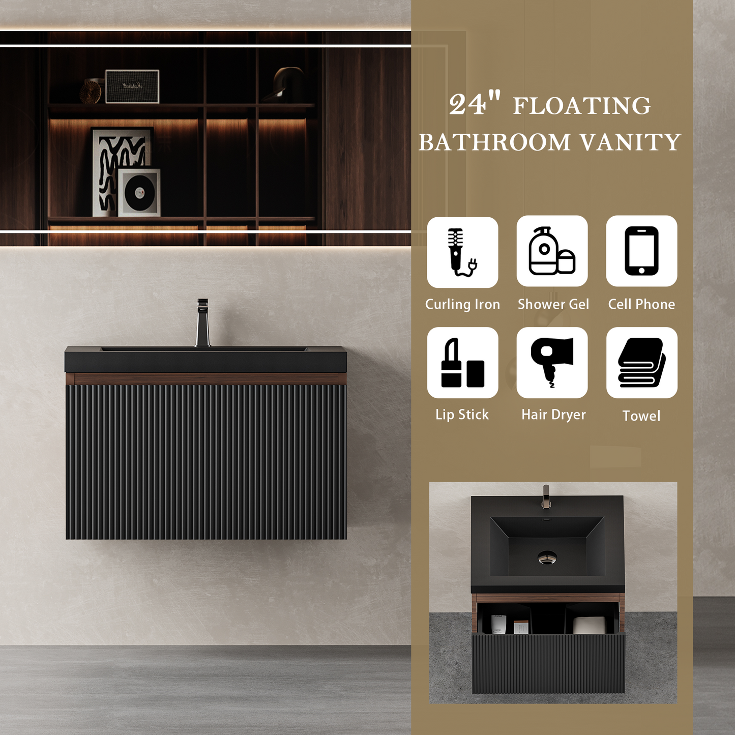 24" Liner - Floating Bathroom Vanity, Smoked Walnut & lnk Black V16-24WAB