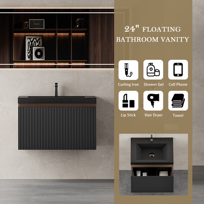 24" Liner - Floating Bathroom Vanity, Smoked Walnut & lnk Black V16-24WAB