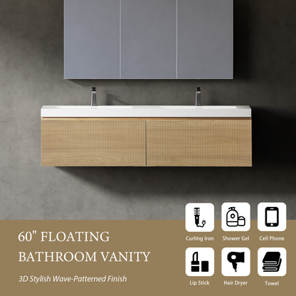60" Liner - Floating Bathroom Vanity Integrated Double Sink Basin, Natural Oak V16-60NOW