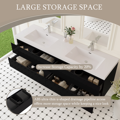 72" Angela - Floating Bathroom Vanity Double Sink Glossy Black V11-72GB