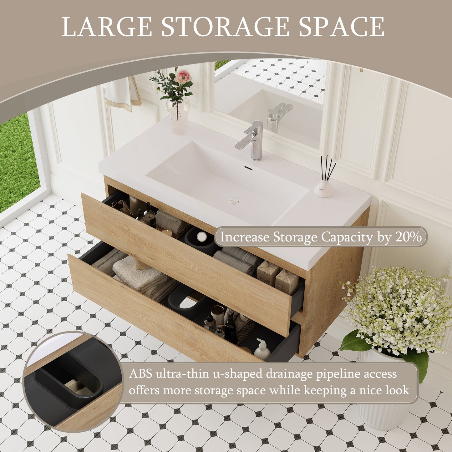 42" Angela - Floating Bathroom Vanity Natural Oak V11-42NO