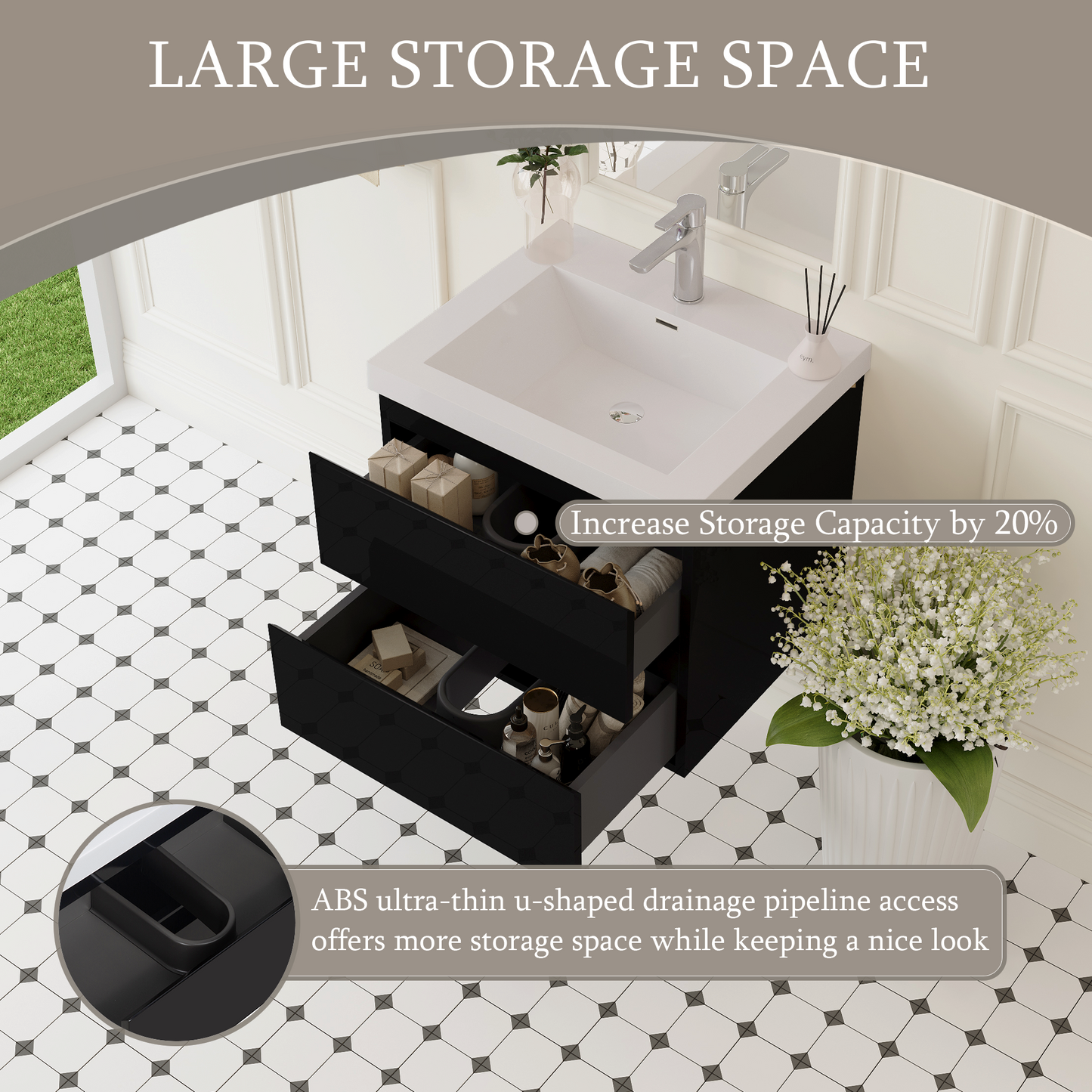 24" Angela - Floating Bathroom Vanity Glossy Black