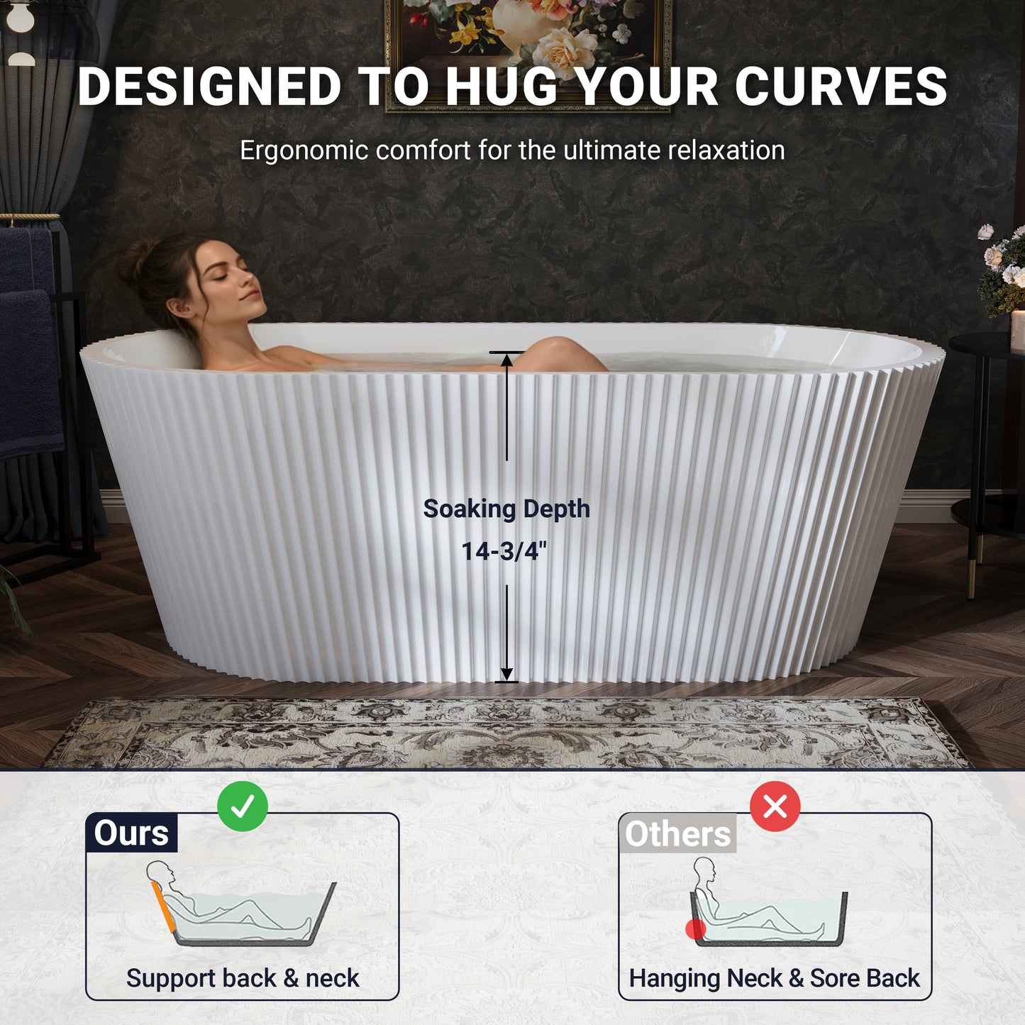 67" Fluted Acrylic Freestanding Soaking Bathtub, Glossy White A13