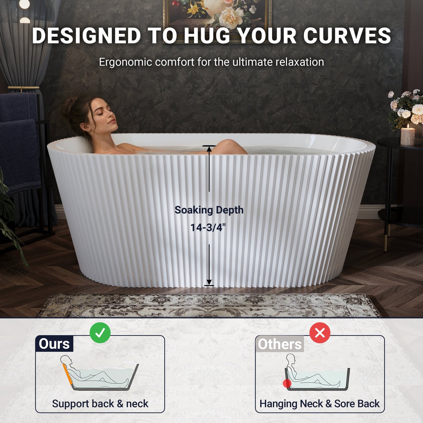 60" Fluted Acrylic Freestanding Soaking Bathtub, Glossy White A13