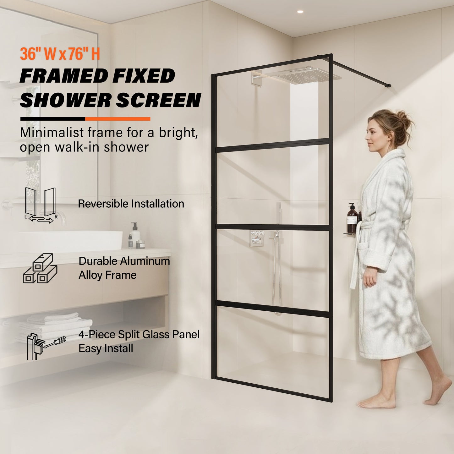 36" W × 76" H Framed Fixed Shower Screen 5/16" (8mm) Tempered Glass, Matte Black D07-36