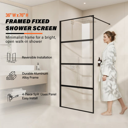 36" W × 76" H Framed Fixed Shower Screen 5/16" (8mm) Tempered Glass, Matte Black D07-36