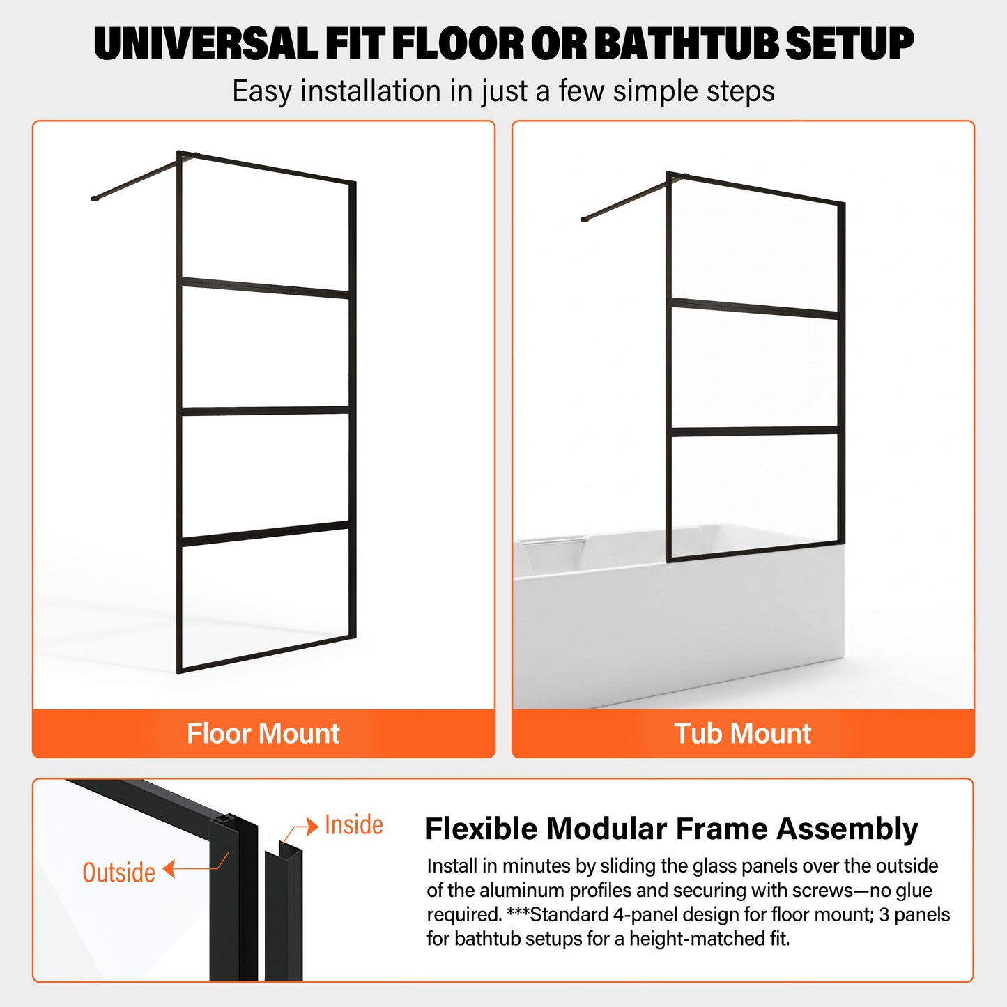 36" W × 76" H Framed Fixed Shower Screen 5/16" (8mm) Tempered Glass, Matte Black D07-36