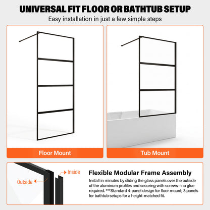 36" W × 76" H Framed Fixed Shower Screen 5/16" (8mm) Tempered Glass, Matte Black D07-36