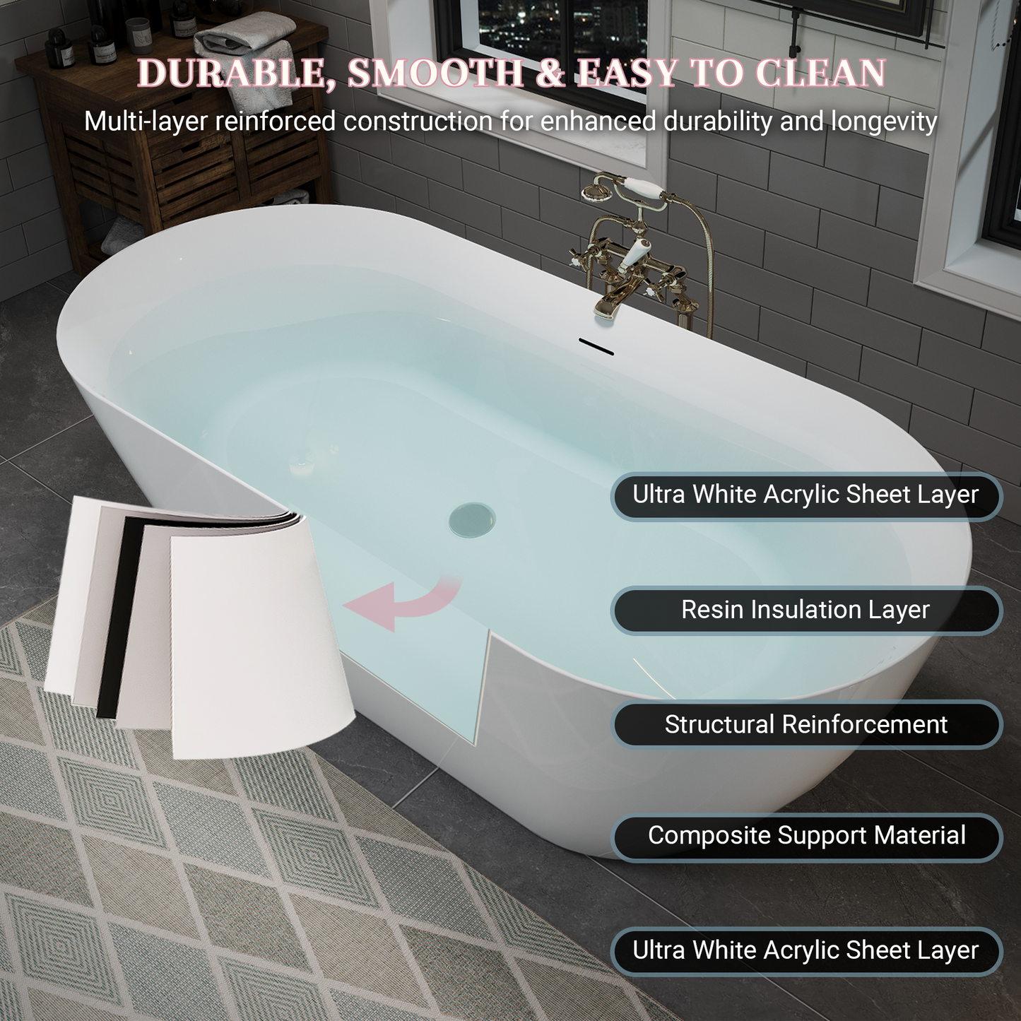 55"/60"/63" Minimalist Oval Acrylic Freestanding Soaking Bathtub, Glossy White A09