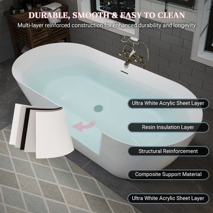 55"/60"/63" Minimalist Oval Acrylic Freestanding Soaking Bathtub, Glossy White A09