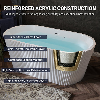 60" Fluted Acrylic Freestanding Soaking Bathtub, Glossy White A13