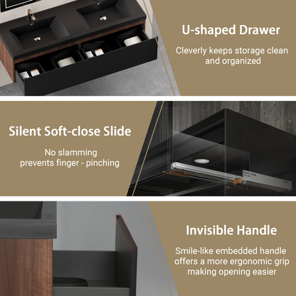 72" Liner - Floating Bathroom Vanity Integrated Double Basin, Smoked Walnut & lnk Black V16-72WAB