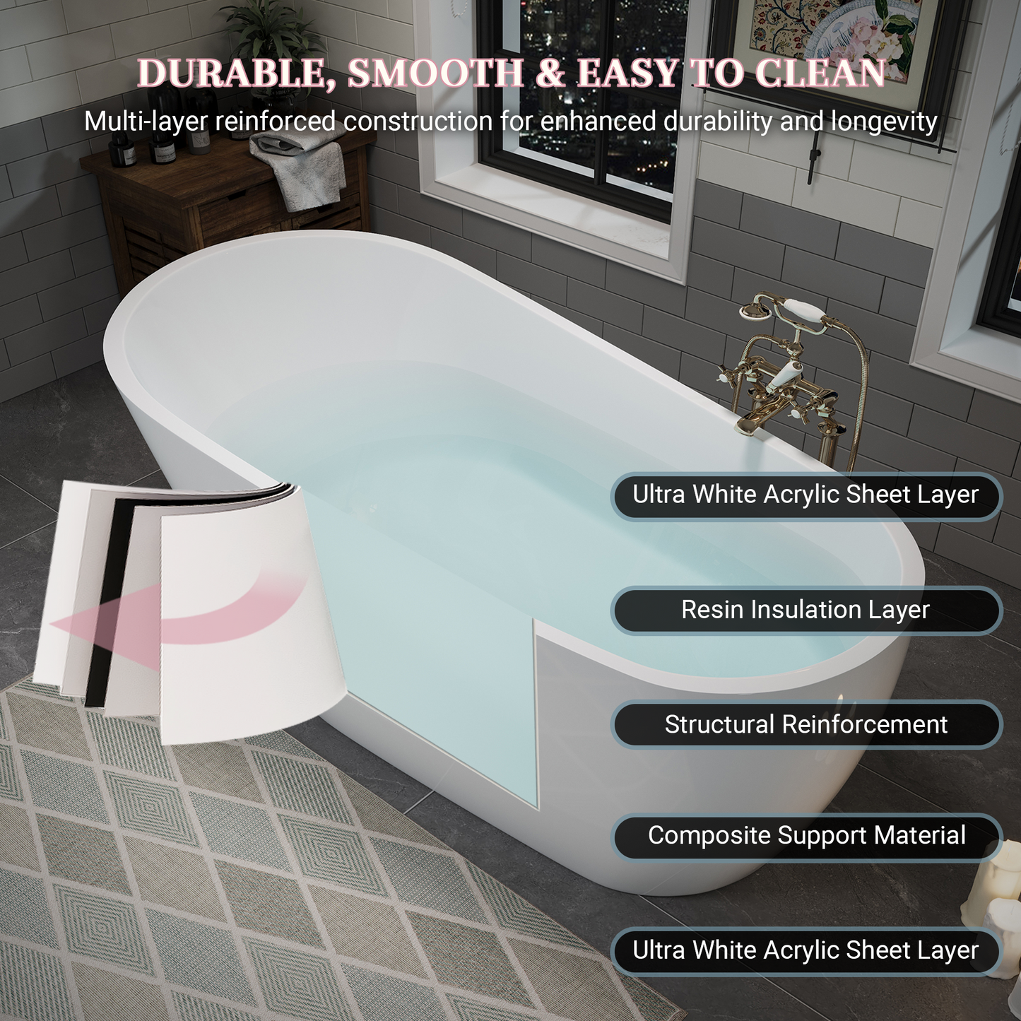 55"/60"/63" Modern Single Slipper Freestanding Acrylic Bathtub, Glossy White A04