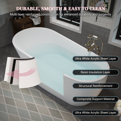 55"/60"/63" Modern Single Slipper Freestanding Acrylic Bathtub, Glossy White A04