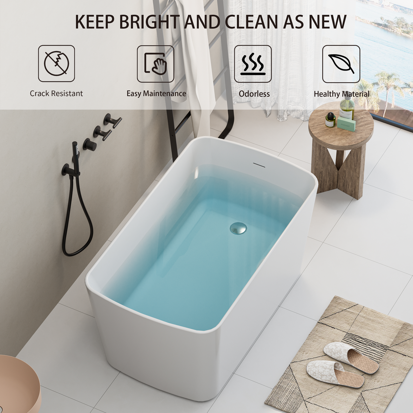 49" Acrylic Freestanding Japanese Soaking Bathtub, Glossy White/Black A01