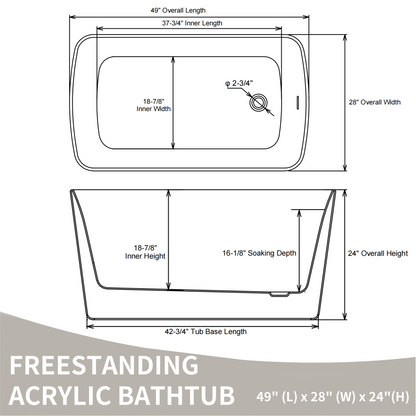 49" Acrylic Freestanding Japanese Soaking Bathtub, Glossy White/Black A01