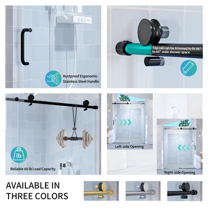 56" - 60" W x 76" H Frameless Bathroom Single Sliding Shower Door D06-60