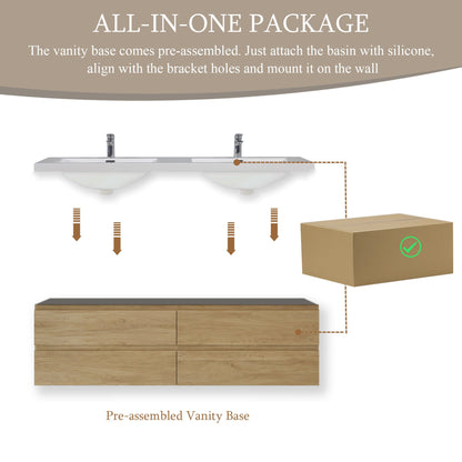 72" Angela - Floating Bathroom Vanity Double Sink Natural Oak V11-72NO