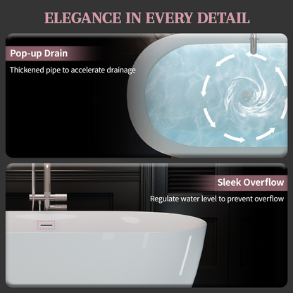 55"/60"/63" Minimalist Oval Acrylic Freestanding Soaking Bathtub, Glossy White A09