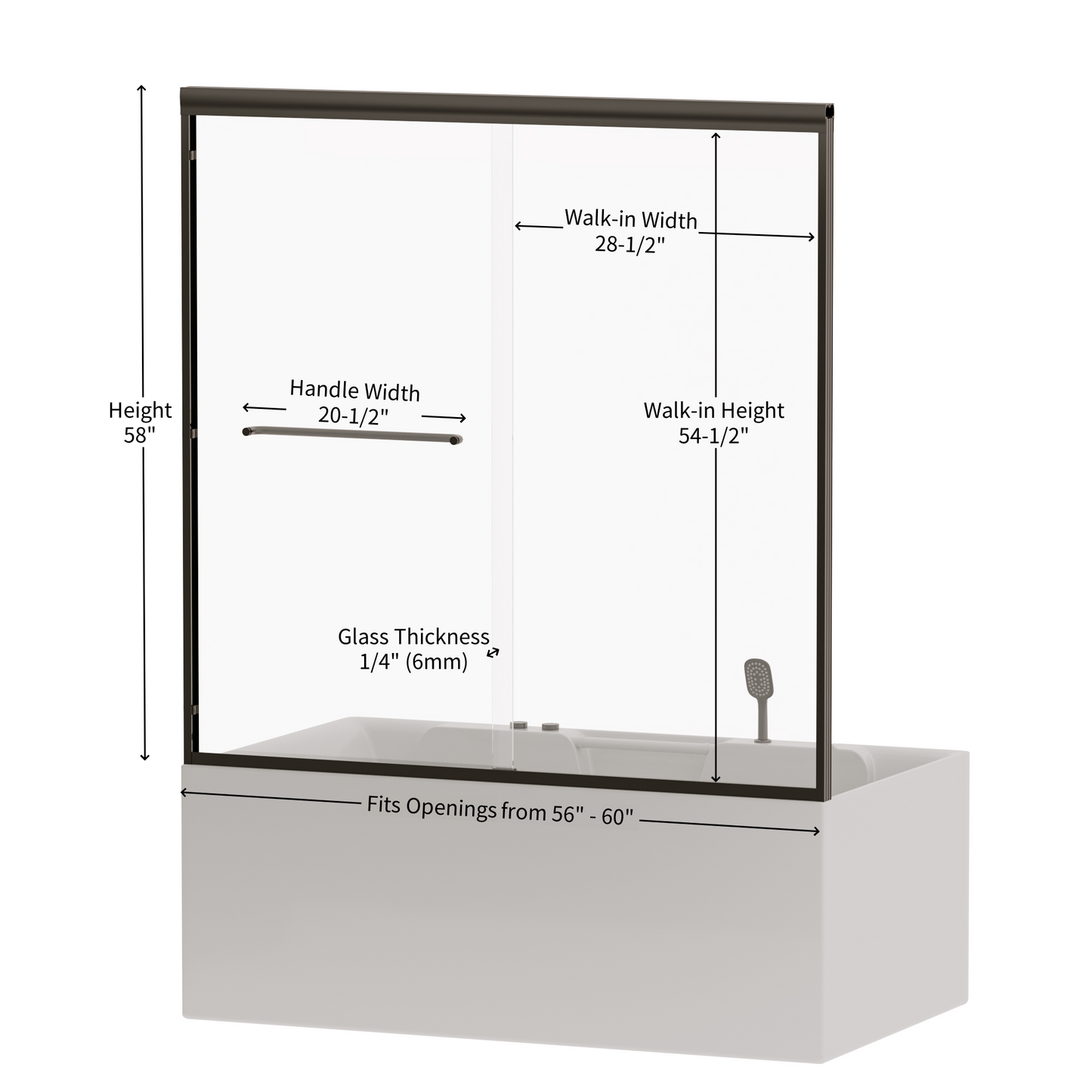 56" - 60" W x 58" H Semi-Frameless Double Sliding Tub Shower Door, D03-T60