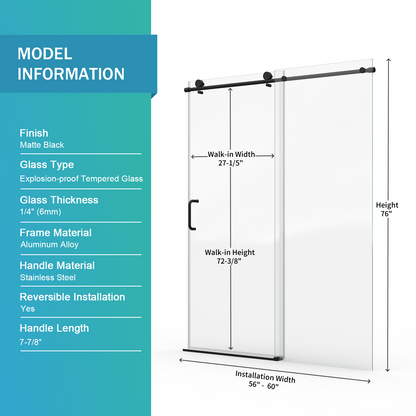 56" - 60" W x 76" H Frameless Bathroom Single Sliding Shower Door D06-60