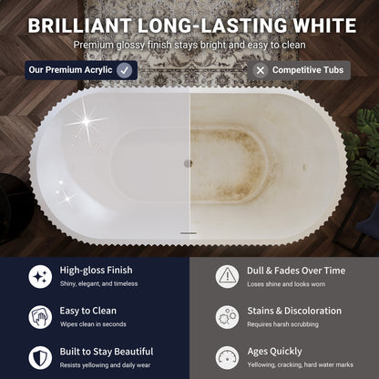 60" Fluted Acrylic Freestanding Soaking Bathtub, Glossy White A13