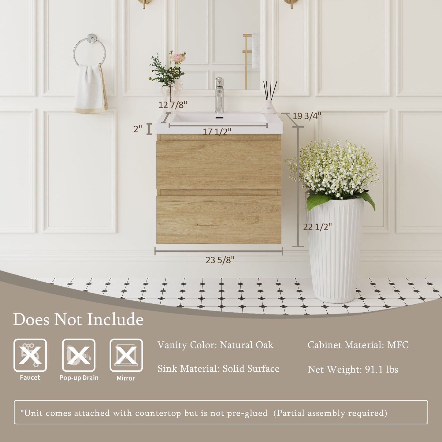 24" Angela - Floating Bathroom Vanity Natural Oak V11-24NO