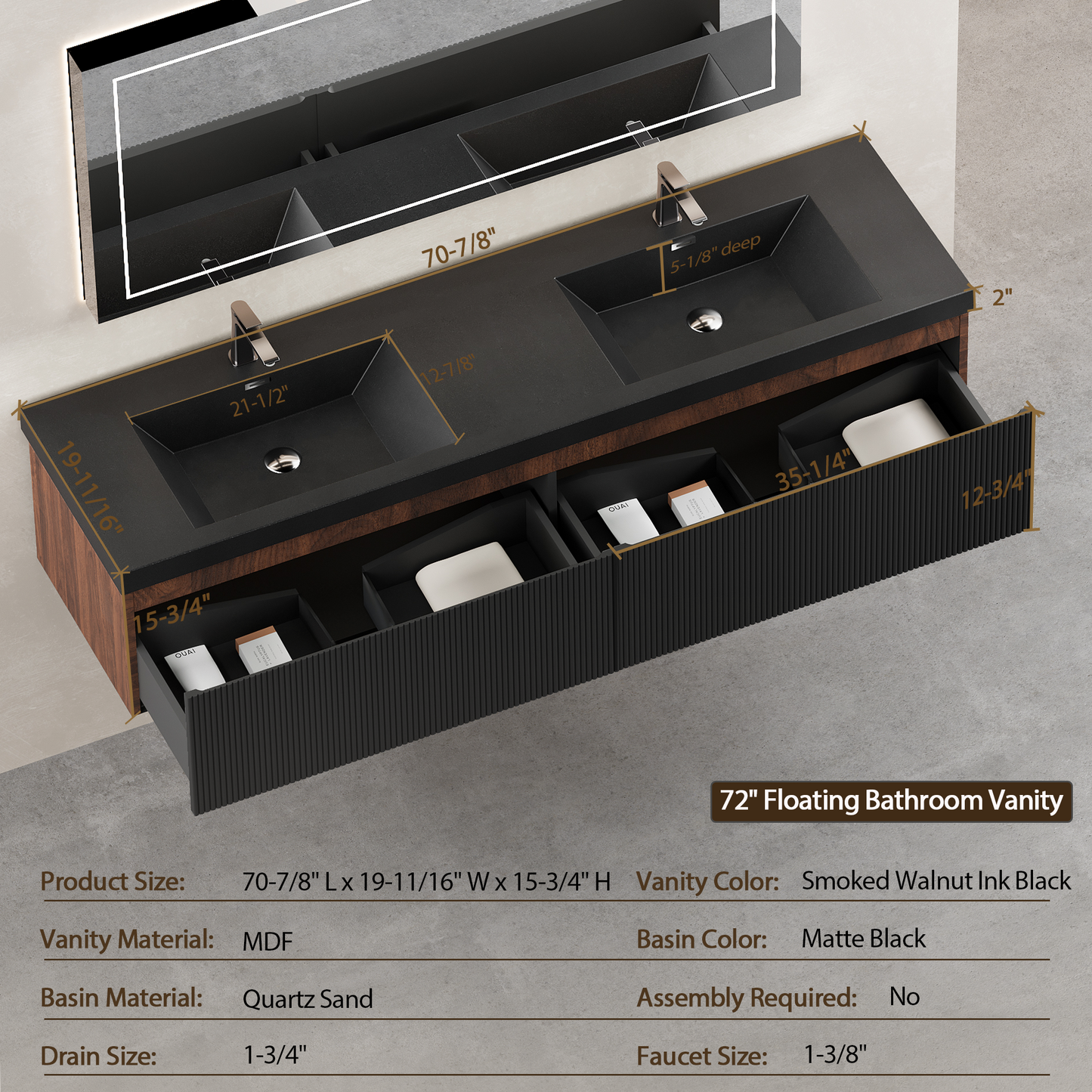 72" Liner - Floating Bathroom Vanity Integrated Double Basin, Smoked Walnut & lnk Black V16-72WAB