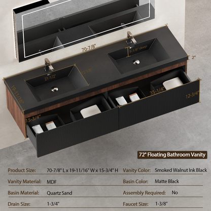 72" Liner - Floating Bathroom Vanity Integrated Double Basin, Smoked Walnut & lnk Black V16-72WAB