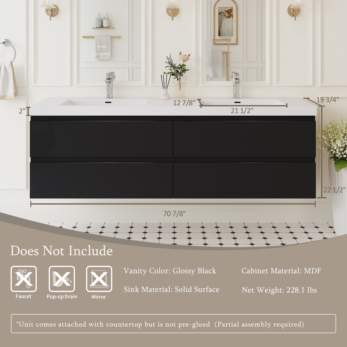 72" Angela - Floating Bathroom Vanity Double Sink Glossy Black V11-72GB