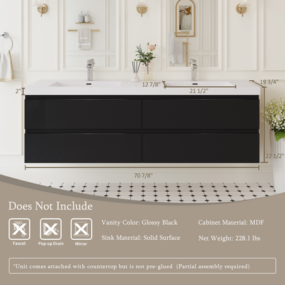 72" Angela - Floating Bathroom Vanity Double Sink Glossy Black V11-72GB