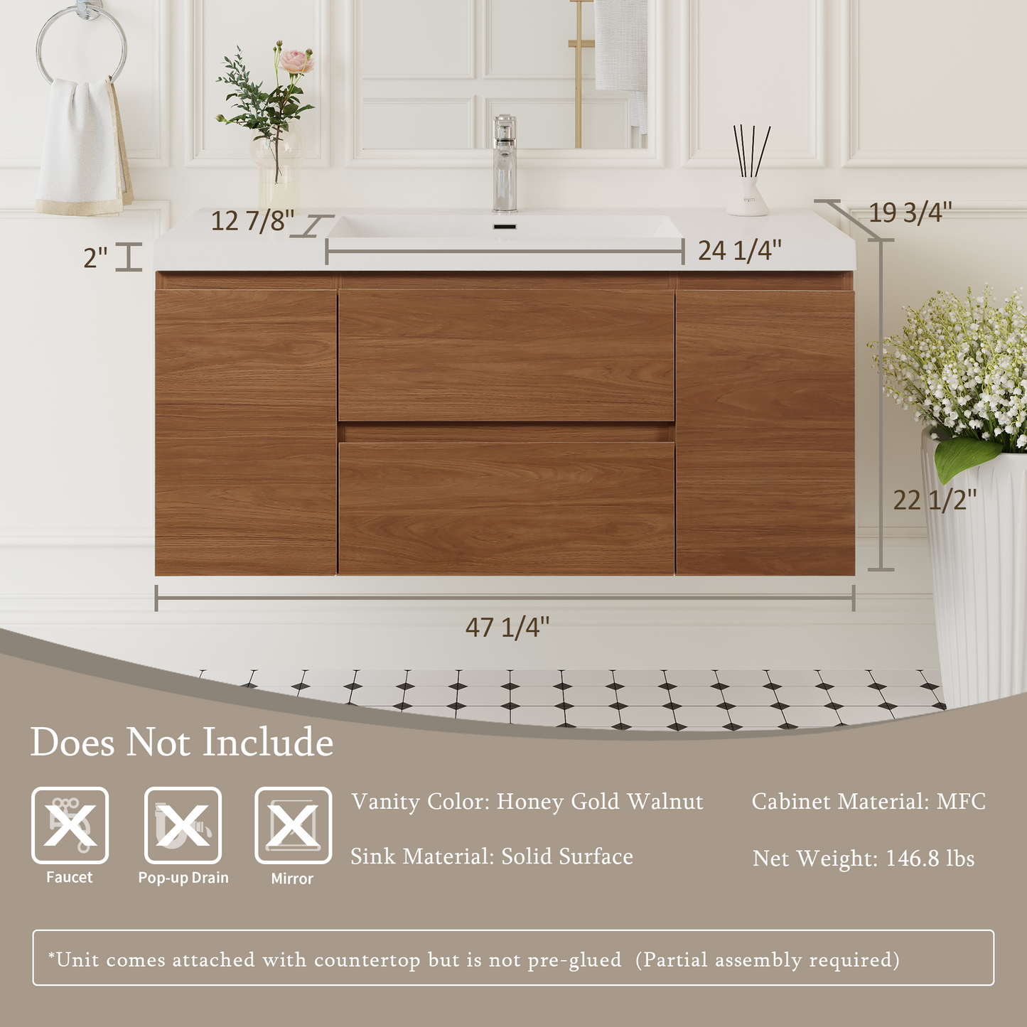 48" Angela - Floating Bathroom Vanity Honey Gold Walnut V11-48WN