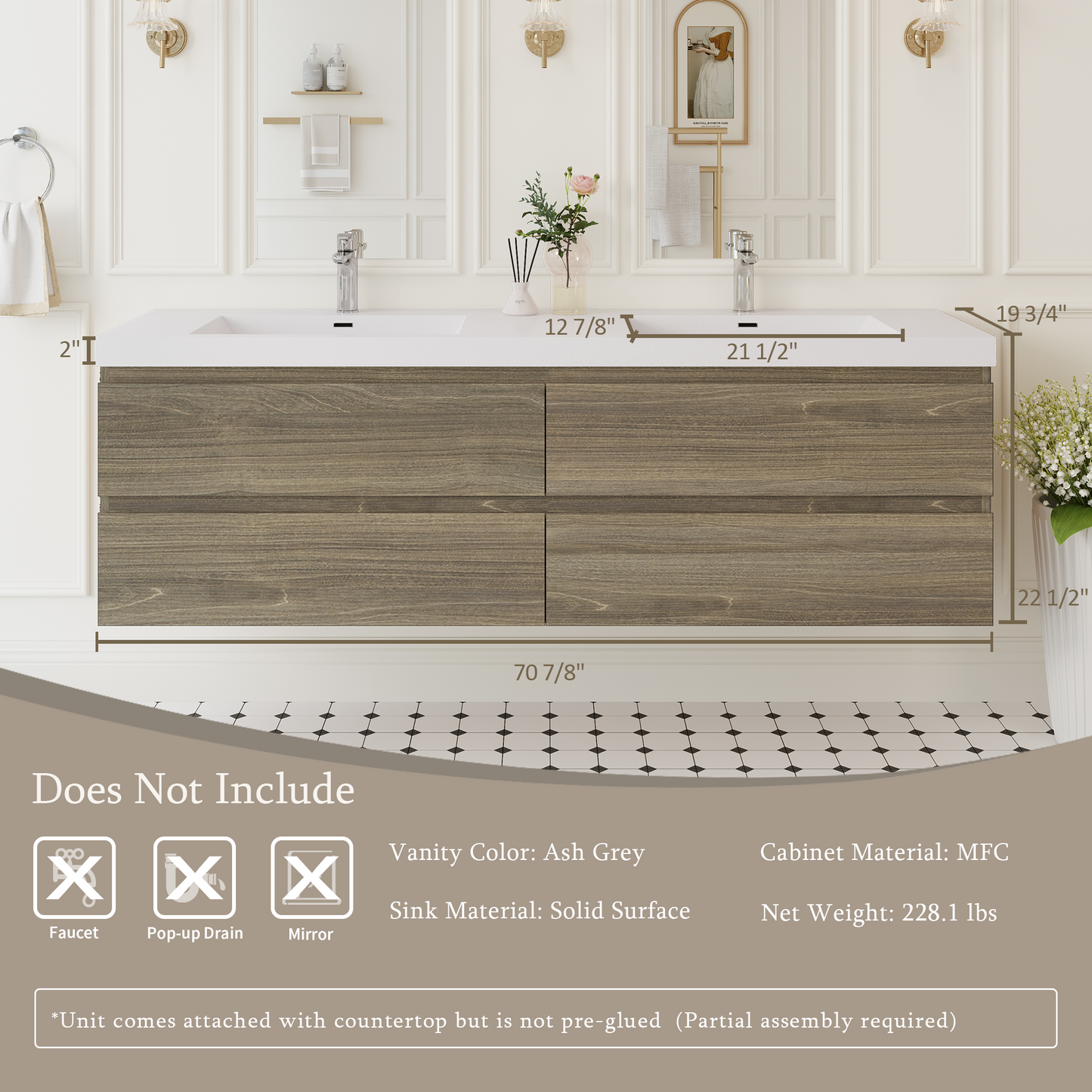 72" Angela - Floating Bathroom Vanity Double Sink Ash Grey V11-72AG