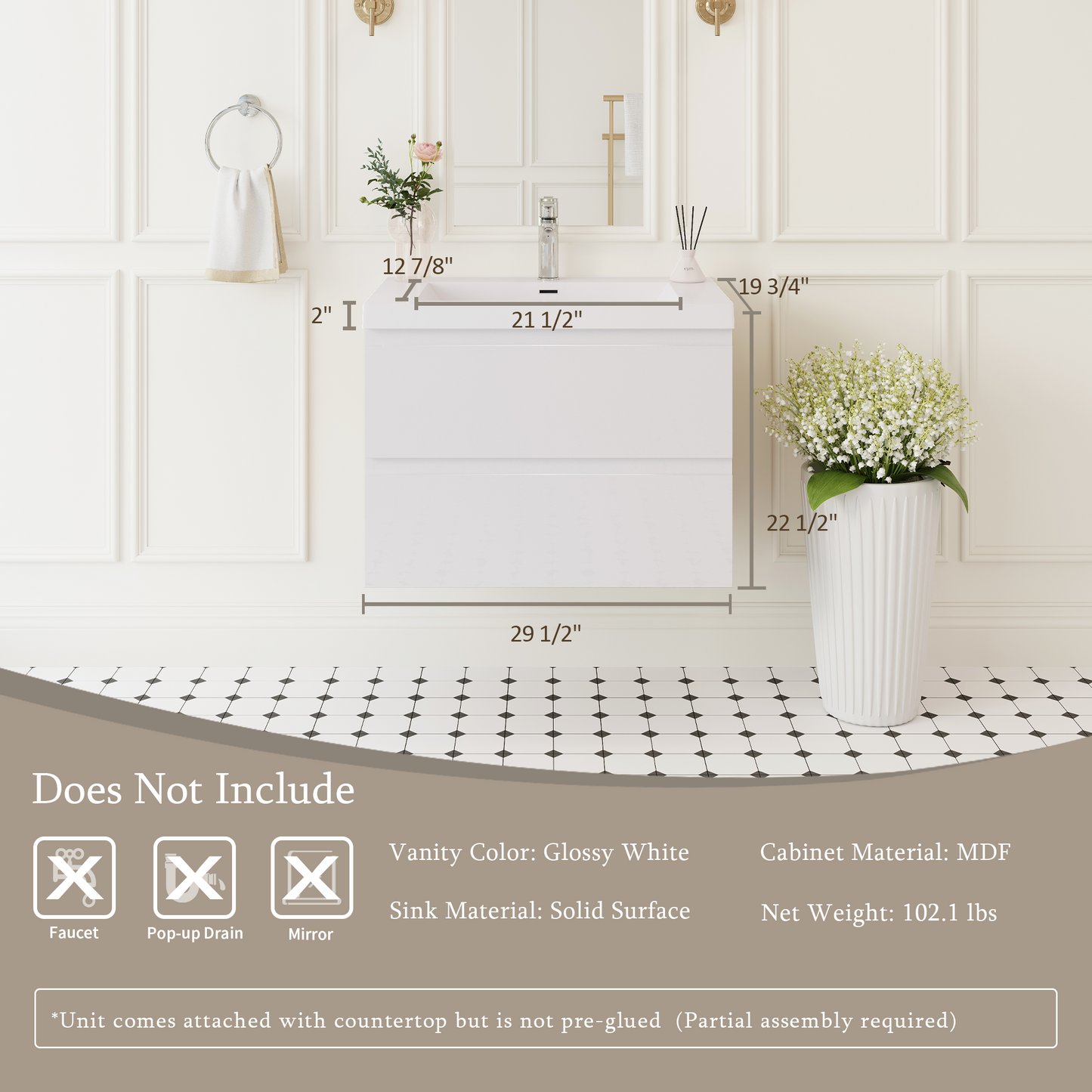 30" Angela - Floating Bathroom Vanity Glossy White V11-30GW