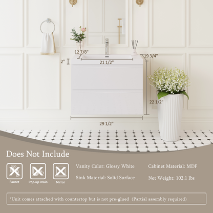 30" Angela - Floating Bathroom Vanity Glossy White V11-30GW