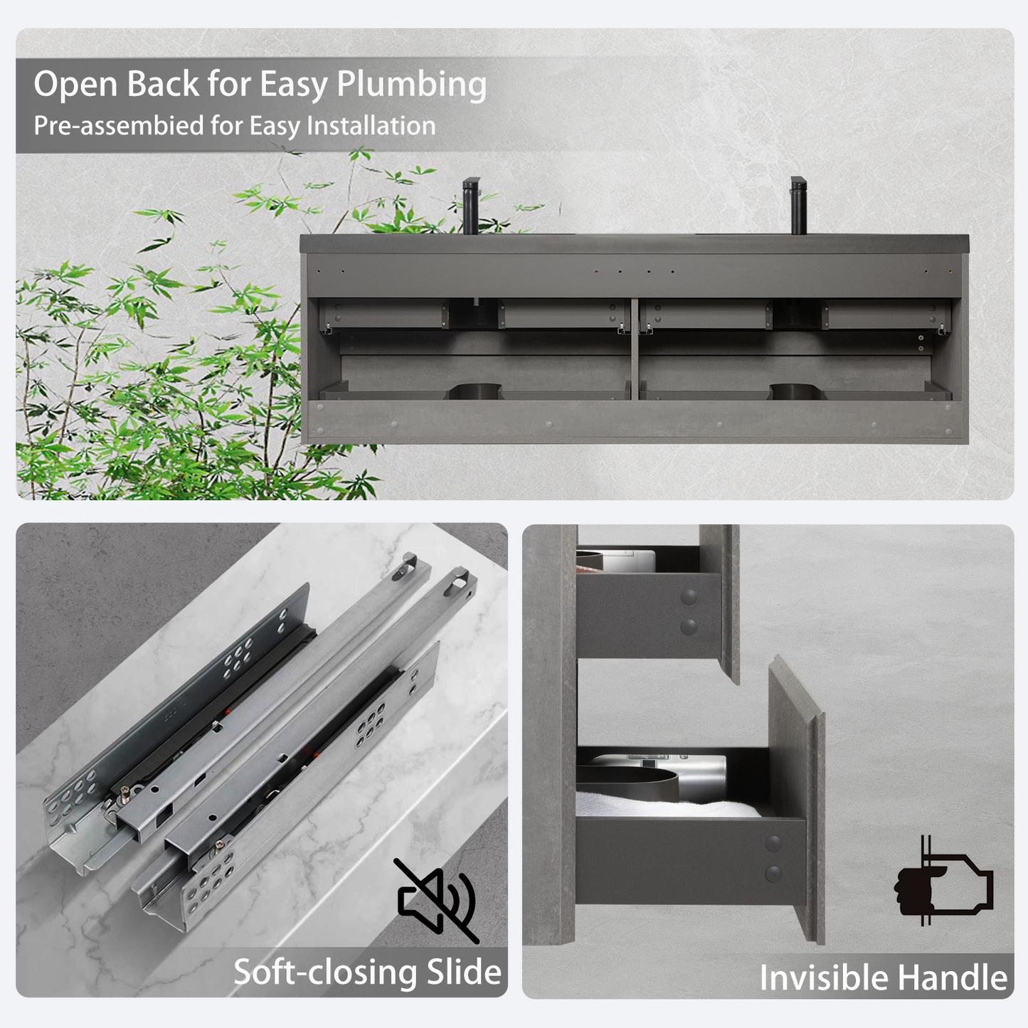 72" Edi - Modern Wall-mounted Bathroom Vanity V12-72GR
