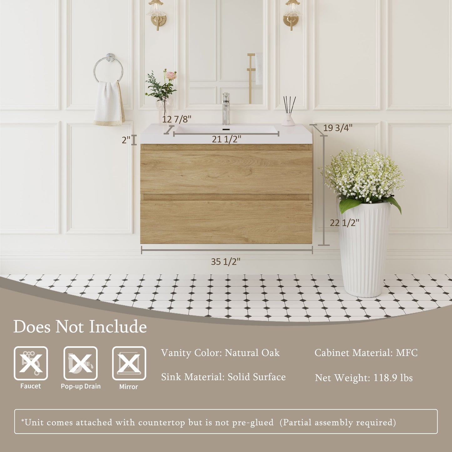 36" Angela - Floating Bathroom Vanity Natural Oak V11-36NO