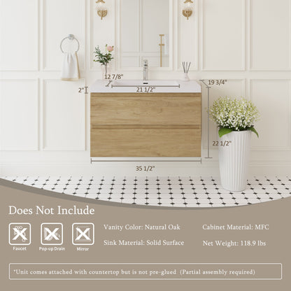 36" Angela - Floating Bathroom Vanity Natural Oak V11-36NO