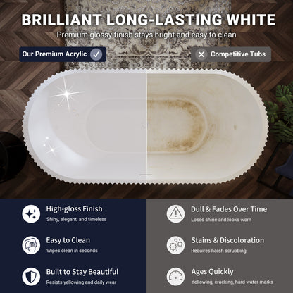 67" Fluted Acrylic Freestanding Soaking Bathtub, Glossy White A13