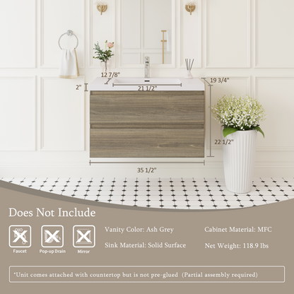 36" Angela - Floating Bathroom Vanity Ash Grey V11-36AG