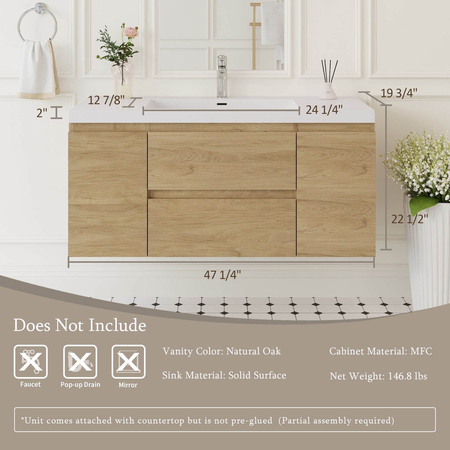 48" Angela - Floating Bathroom Vanity Natural Oak V11-48NO