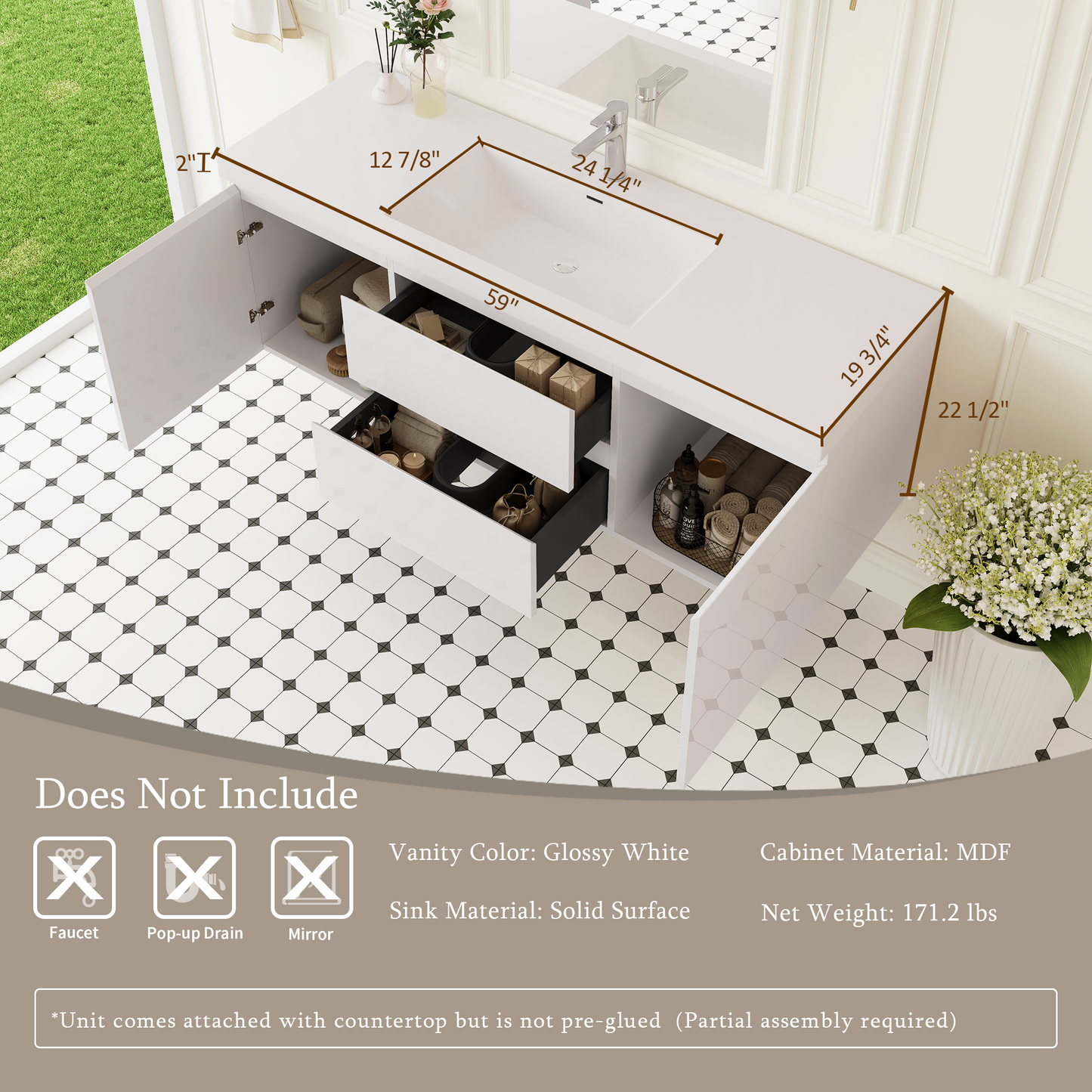 60" Angela - Floating Bathroom Vanity Single Sink Glossy White V11-60SGW