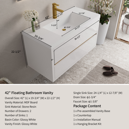 42" Aurelia - Floating Bathroom Vanity, Glossy White V15-42GW