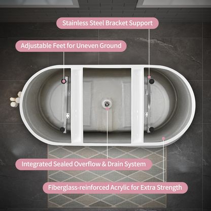 55"/60"/63" Minimalist Oval Acrylic Freestanding Soaking Bathtub, Glossy White A09