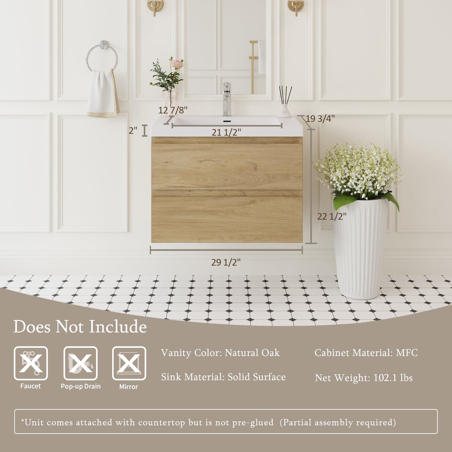 30" Angela - Floating Bathroom Vanity Natural Oak V11-30NO